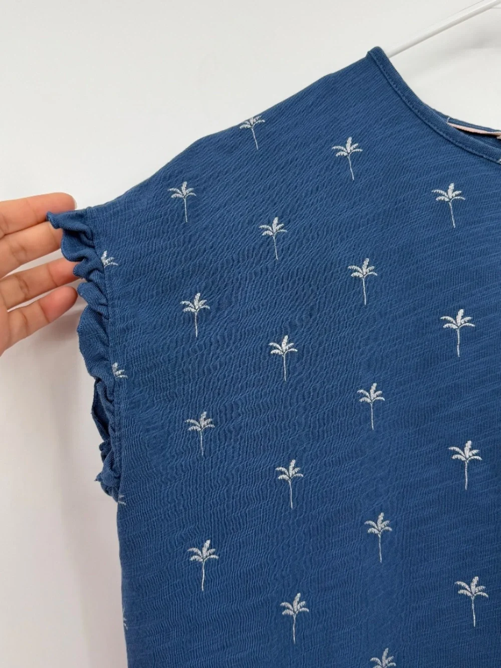 Boden T Shirt Dress Women 6 Blue Short Cap Sleeves Ruffles Metallic Palm Trees